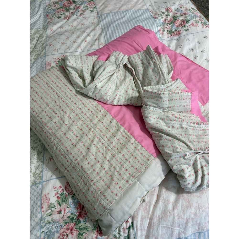 Homemade Shabby Chic Comforter Bedspread Pink Full Queen W/ 2 Short Curtains
